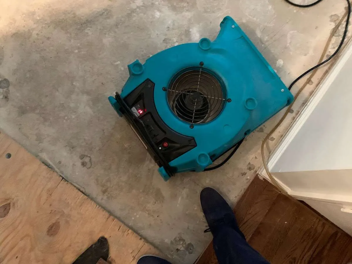 Air mover drying subfloor during Leak Detection & Repair in Olivette